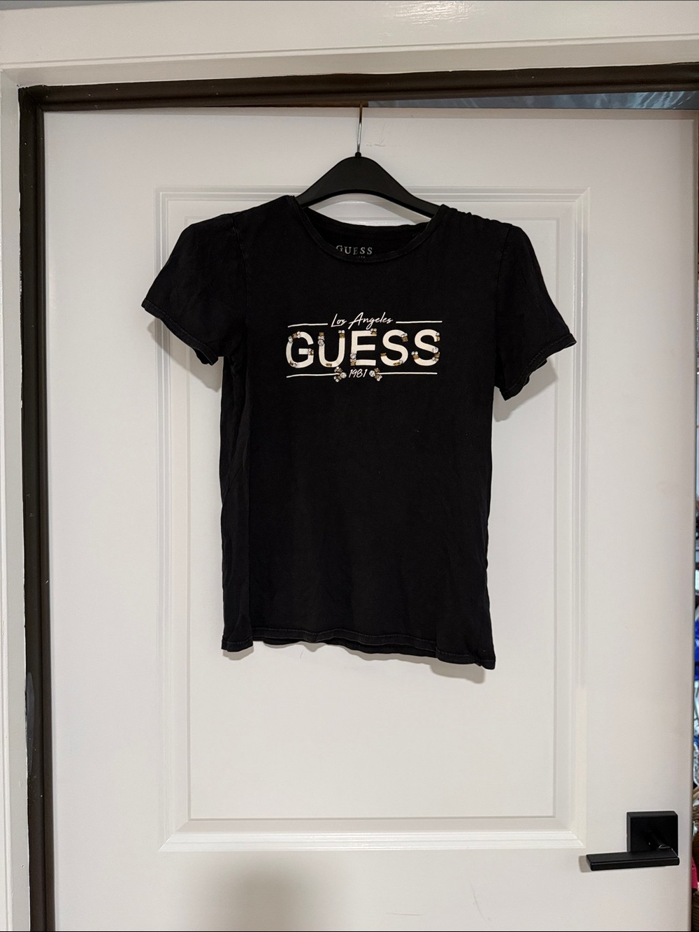 GUESS Black Short-Sleeve Logo Tee with Metallic Accents